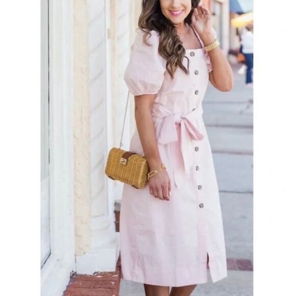 J. Crew Dresses & Skirts - J.Crew Pink Cotton Midi Dress L Puff Sleeve Square Neck Button Front Cottagecore